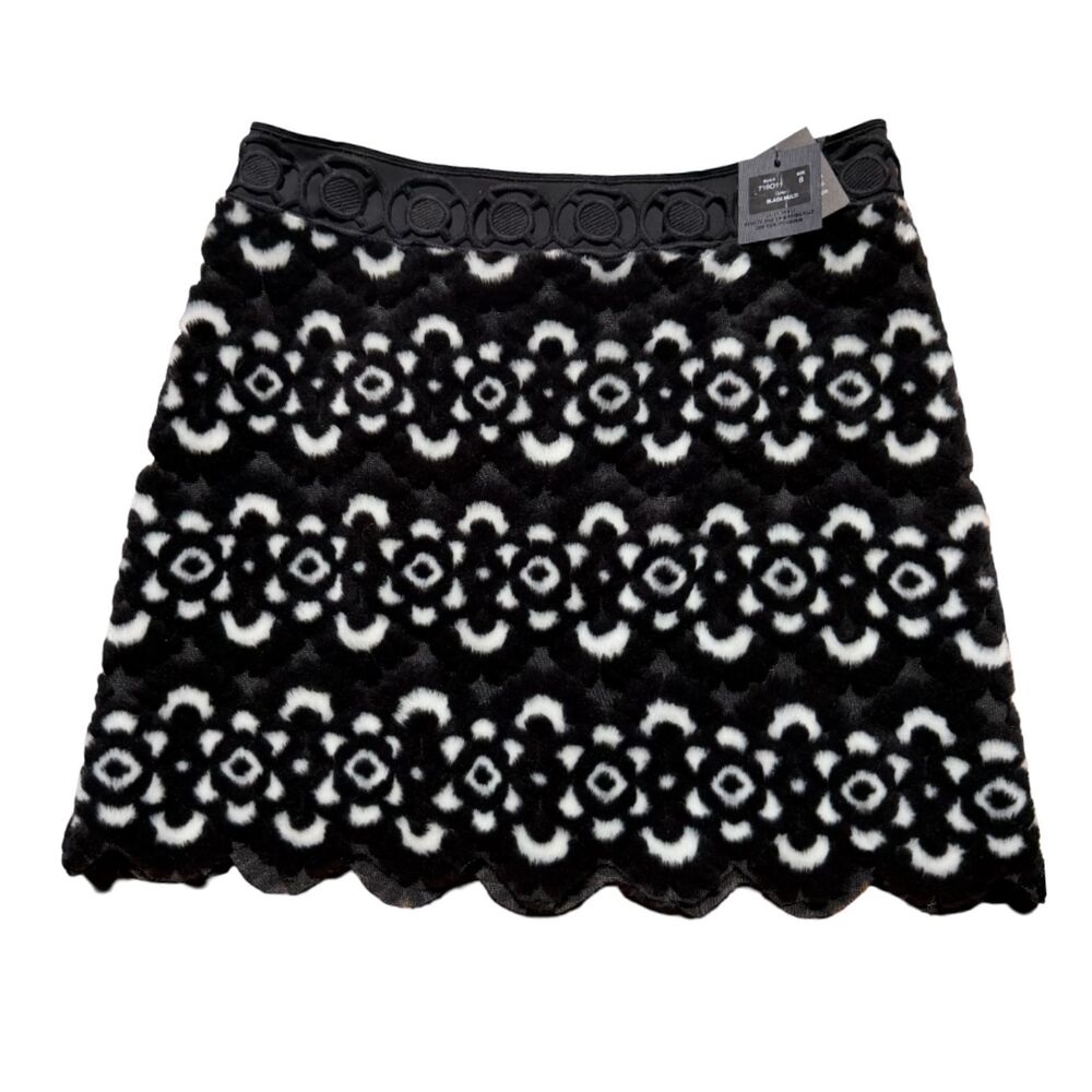 Anna Sui NWT Velvet Burnout Mini Skirt Black White Geometric Cutwork Scallop 8